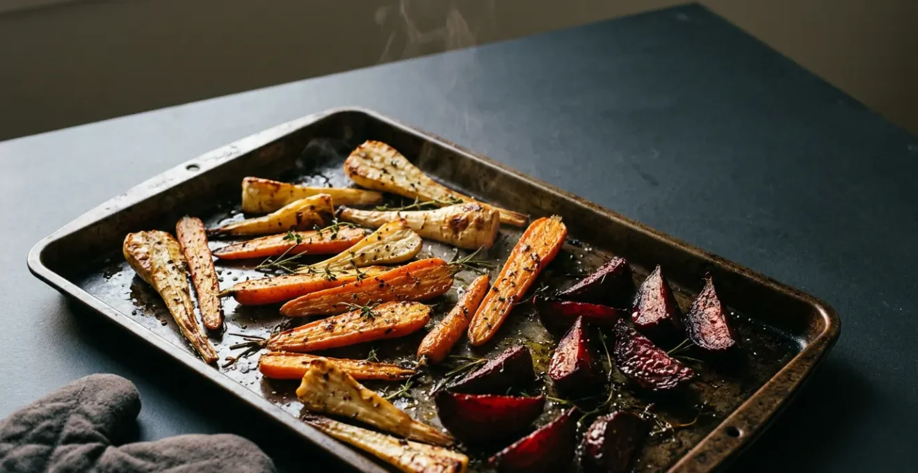 Légumes racines caramélisés dorés sortant du four avec texture croustillante et fondante