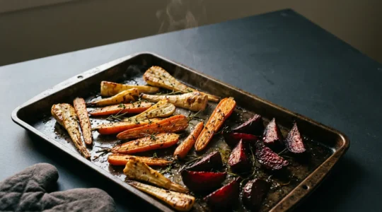Légumes racines caramélisés dorés sortant du four avec texture croustillante et fondante