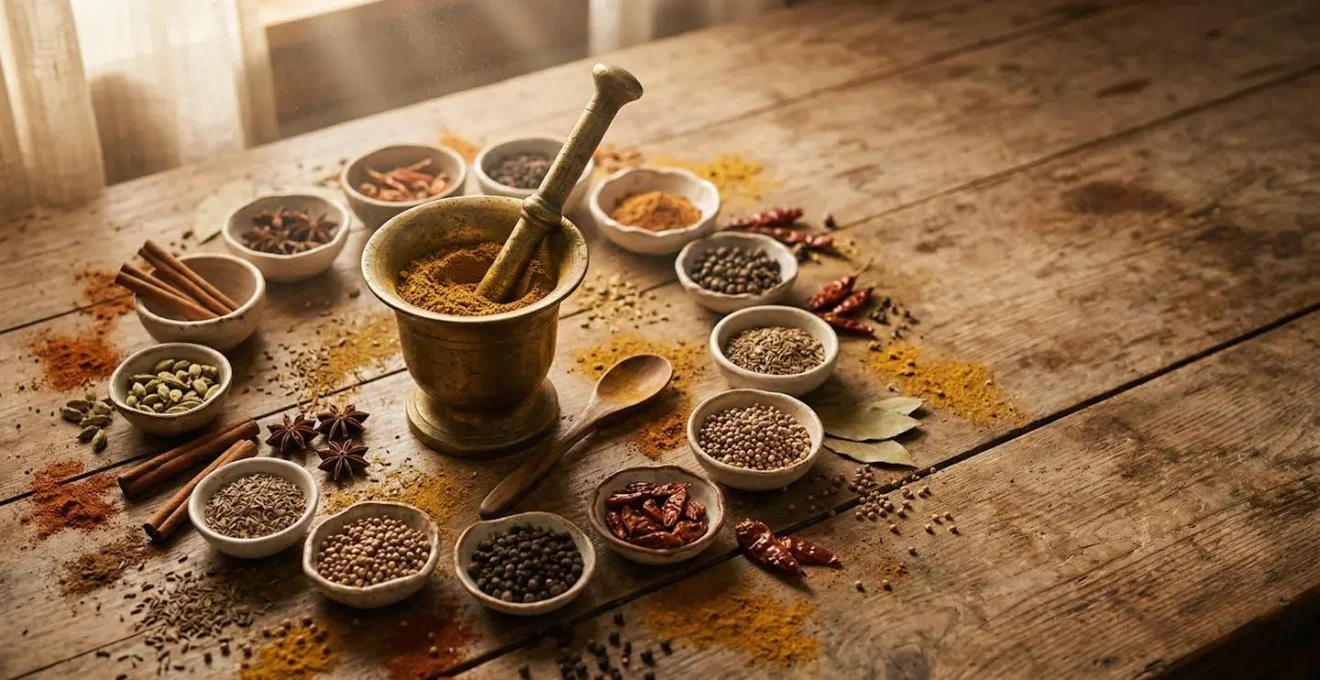 Composition aromatique de mélanges d'épices pour curry maison avec mortier et épices entières
