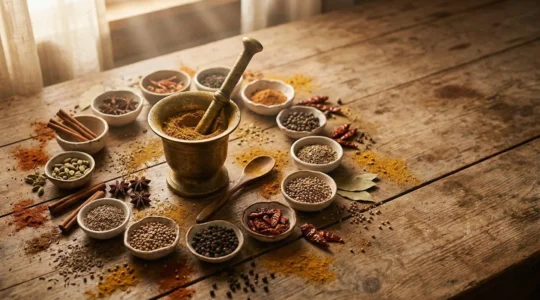 Composition aromatique de mélanges d'épices pour curry maison avec mortier et épices entières