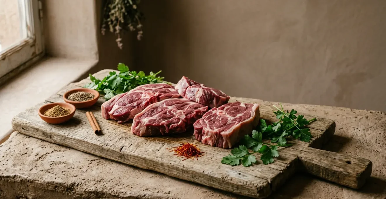 Morceaux d'agneau pour tajine disposés sur une planche en bois rustique avec épices et herbes fraîches