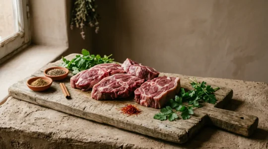 Morceaux d'agneau pour tajine disposés sur une planche en bois rustique avec épices et herbes fraîches