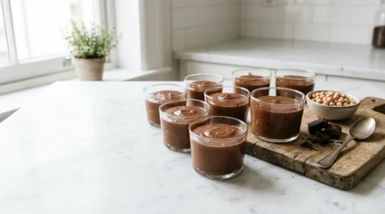 Mousse au chocolat onctueuse et légère sans œufs crus, servie dans des verrines transparentes, sûre pour les enfants