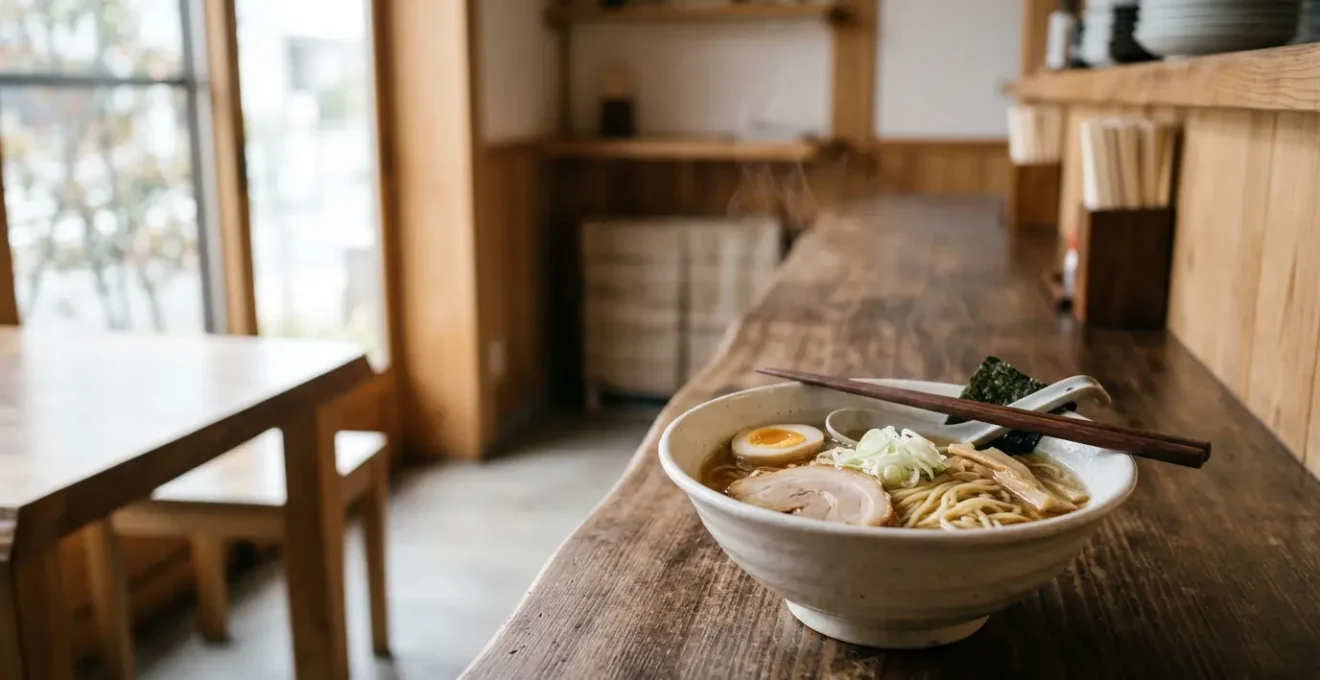 Bol de nouilles ramen japonaises servies dans un restaurant traditionnel avec garnitures