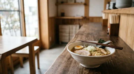 Bol de nouilles ramen japonaises servies dans un restaurant traditionnel avec garnitures