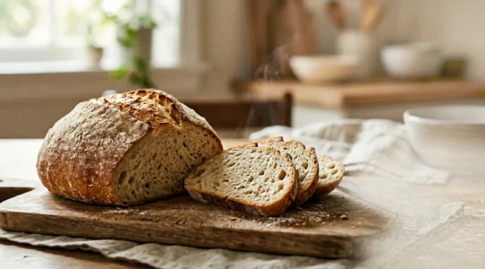 Pain sans gluten artisanal tranché montrant une mie moelleuse et aérée qui ne s'effrite pas