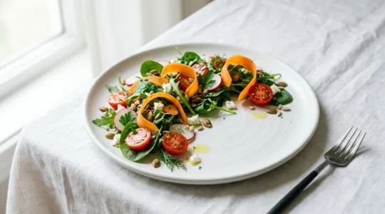 Plat diététique coloré et appétissant présenté avec élégance dans une assiette blanche comme au restaurant