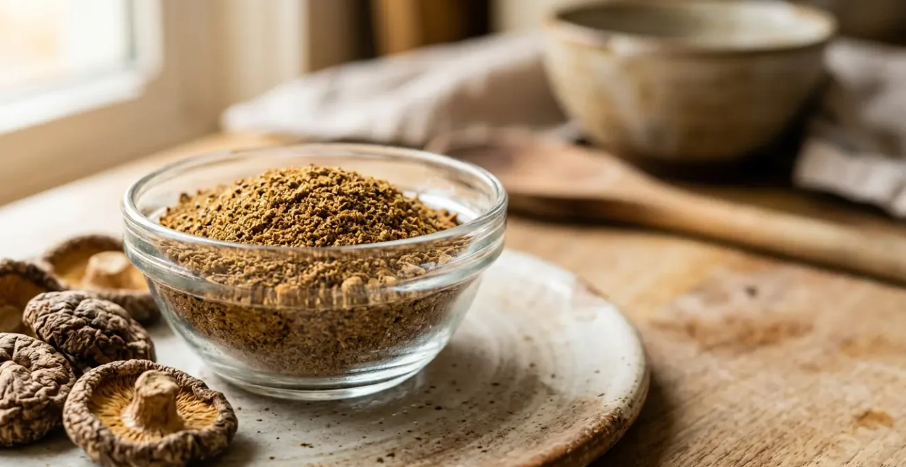 Poudre fine de champignons séchés dans un bocal en verre avec champignons entiers en arrière-plan