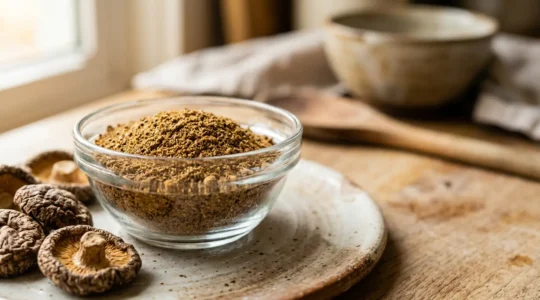 Poudre fine de champignons séchés dans un bocal en verre avec champignons entiers en arrière-plan