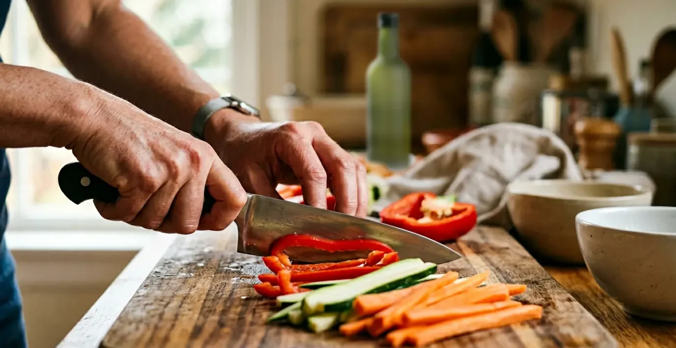 Mains en action préparant des légumes sur un plan de travail domestique avec couteau professionnel et planche en bois