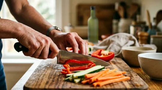 Mains en action préparant des légumes sur un plan de travail domestique avec couteau professionnel et planche en bois