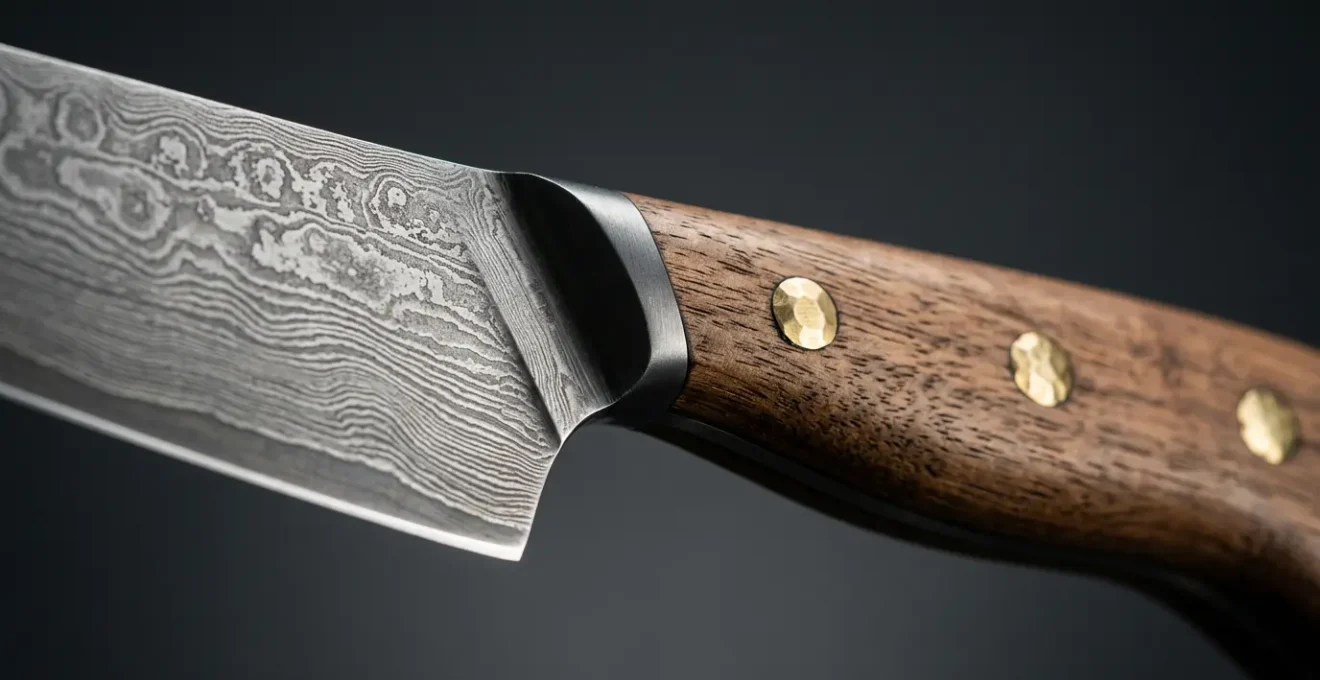 Détail d'une lame de couteau de chef professionnel de haute qualité avec finition artisanale