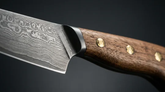 Détail d'une lame de couteau de chef professionnel de haute qualité avec finition artisanale