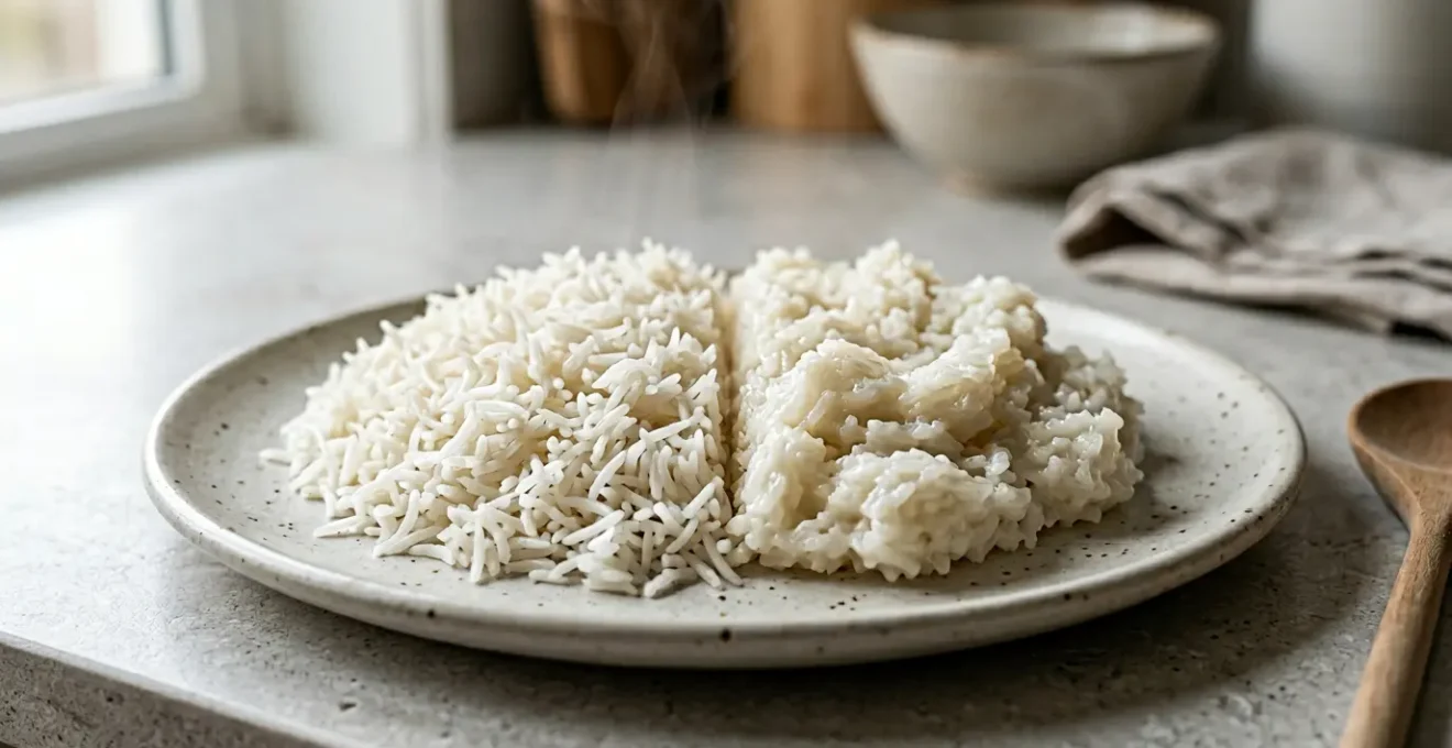 Contraste visuel entre riz basmati parfaitement cuit avec grains séparés et riz basmati collant en paquet