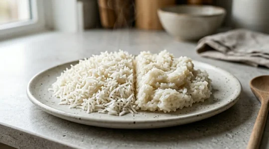Contraste visuel entre riz basmati parfaitement cuit avec grains séparés et riz basmati collant en paquet
