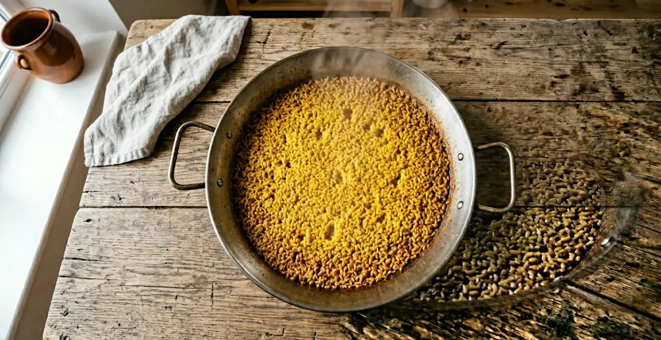 Riz au safran doré dans une paella traditionnelle avec grains séparés et croûte caramélisée