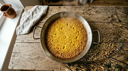 Riz au safran doré dans une paella traditionnelle avec grains séparés et croûte caramélisée