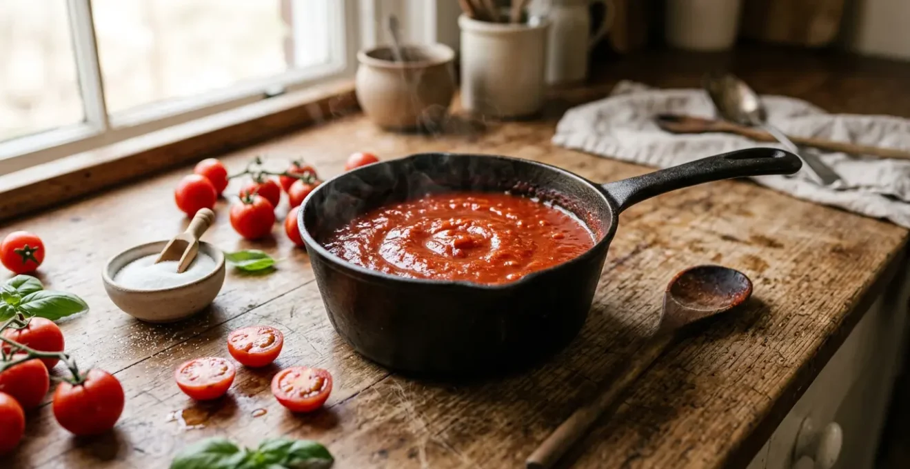 Sauce tomate mijotant dans une casserole avec ingrédients naturels disposés autour