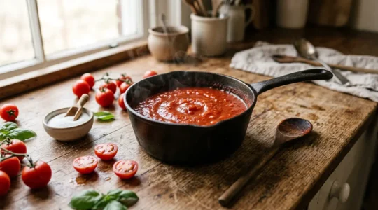 Sauce tomate mijotant dans une casserole avec ingrédients naturels disposés autour