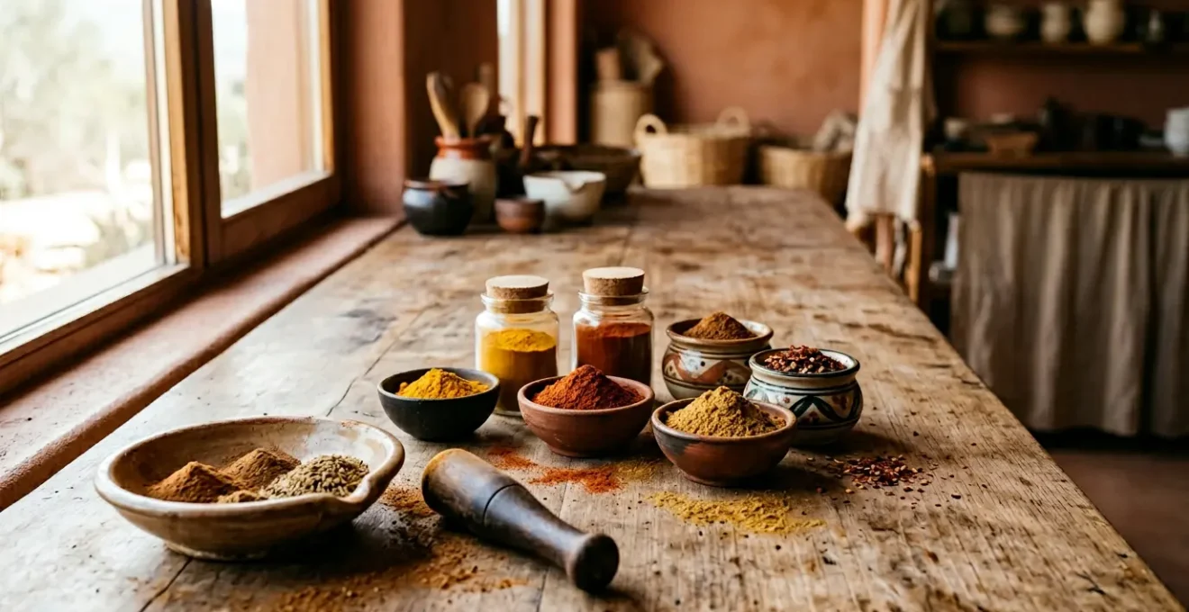 Vue rapprochée de mélanges d'épices colorés arrangés avec soin dans un environnement de cuisine artisanale