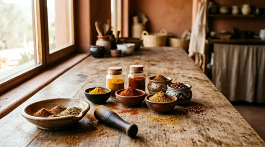 Vue rapprochée de mélanges d'épices colorés arrangés avec soin dans un environnement de cuisine artisanale