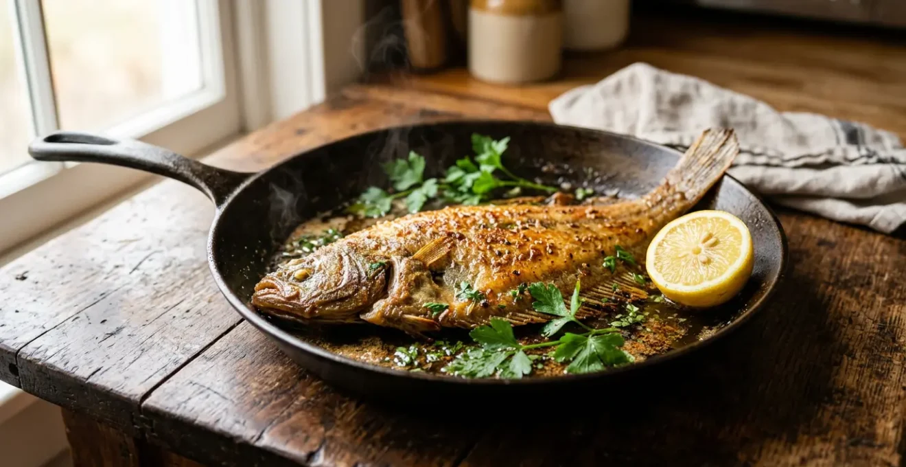 Une sole meunière dorée à la perfection avec son beurre noisette ambré dans une poêle professionnelle