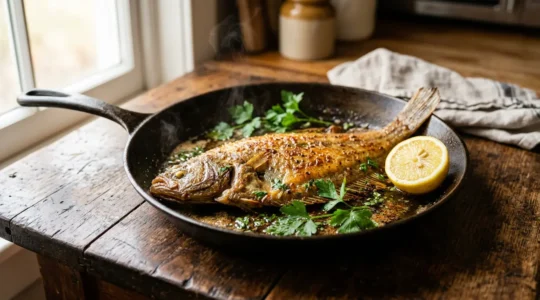 Une sole meunière dorée à la perfection avec son beurre noisette ambré dans une poêle professionnelle