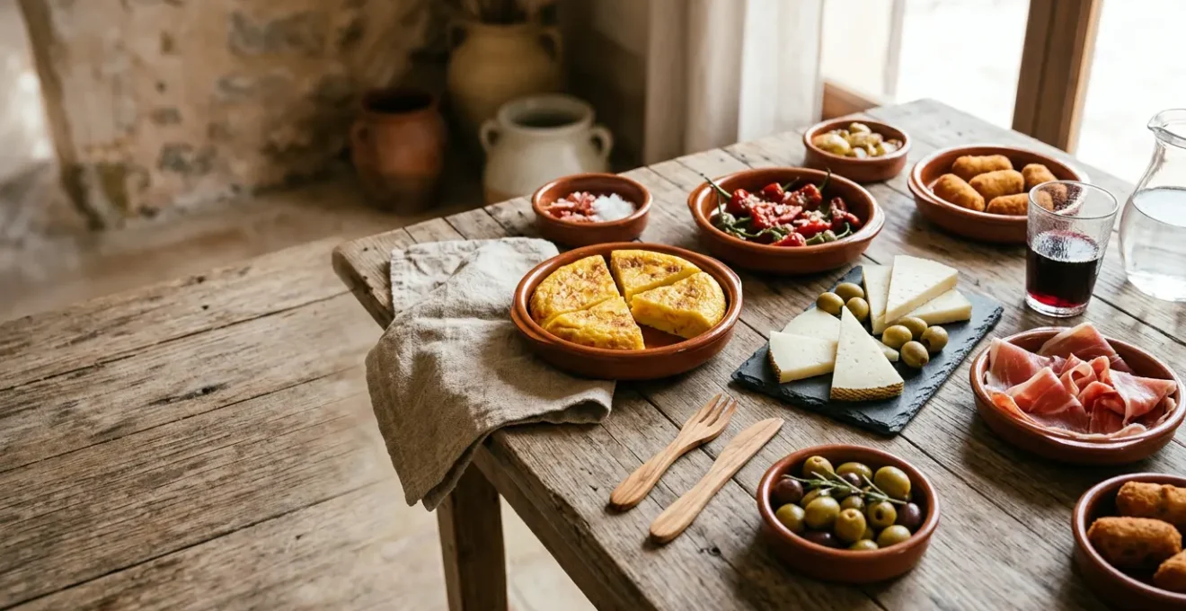 Table d'apéritif avec assortiment de tapas espagnols variés servis dans des plats en terre cuite