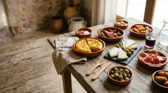 Table d'apéritif avec assortiment de tapas espagnols variés servis dans des plats en terre cuite