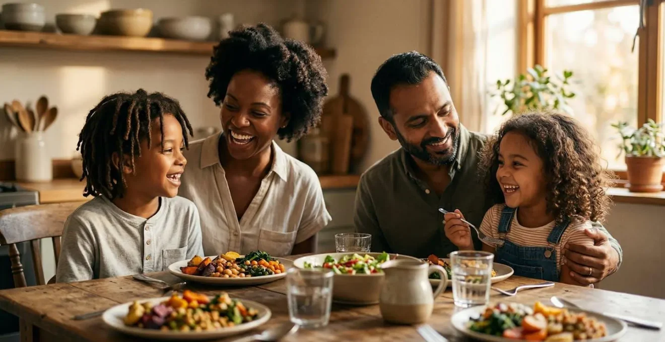 Scène conviviale de repas végétarien en famille avec assiette colorée de légumes et légumineuses