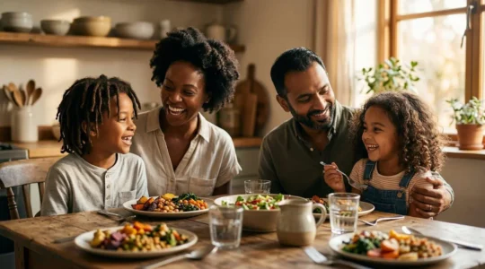 Scène conviviale de repas végétarien en famille avec assiette colorée de légumes et légumineuses