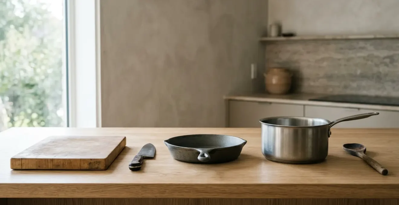 Cinq ustensiles de cuisine essentiels disposés harmonieusement sur un plan de travail épuré