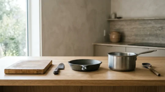 Cinq ustensiles de cuisine essentiels disposés harmonieusement sur un plan de travail épuré