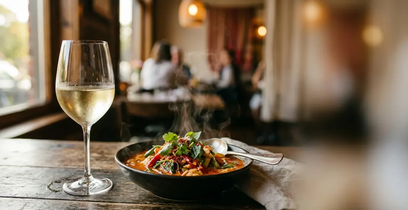 Verre de vin blanc frais posé près d'un plat épicé fumant, ambiance chaleureuse et gastronomique