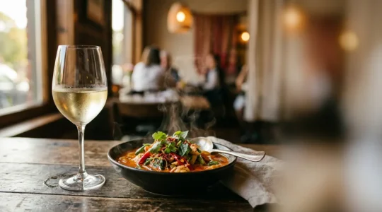 Verre de vin blanc frais posé près d'un plat épicé fumant, ambiance chaleureuse et gastronomique