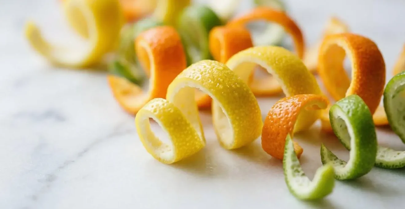 Zestes colorés d'agrumes frais en rubans délicats sur fond clair minimaliste