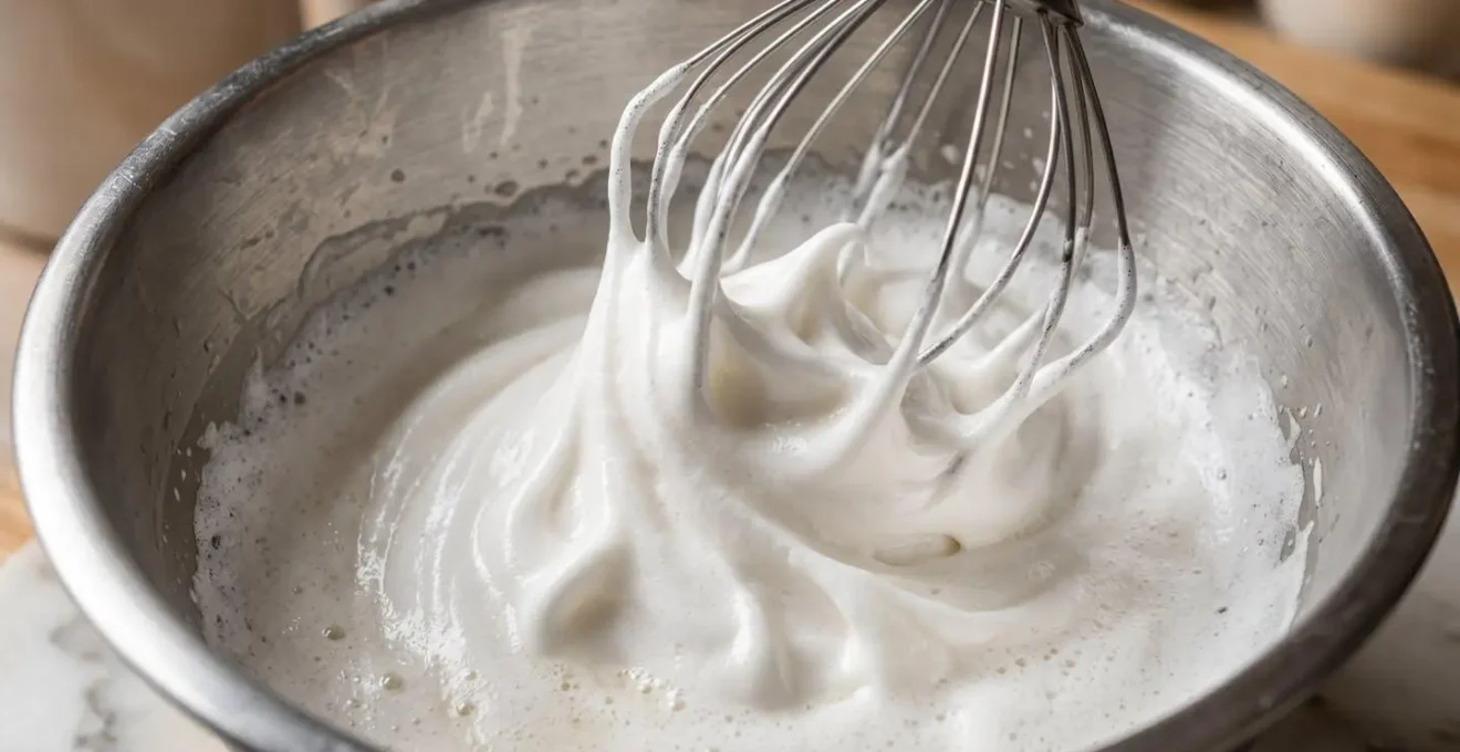 Technique de montage de l'aquafaba en neige dans un bol en inox parfaitement propre avec batteur électrique