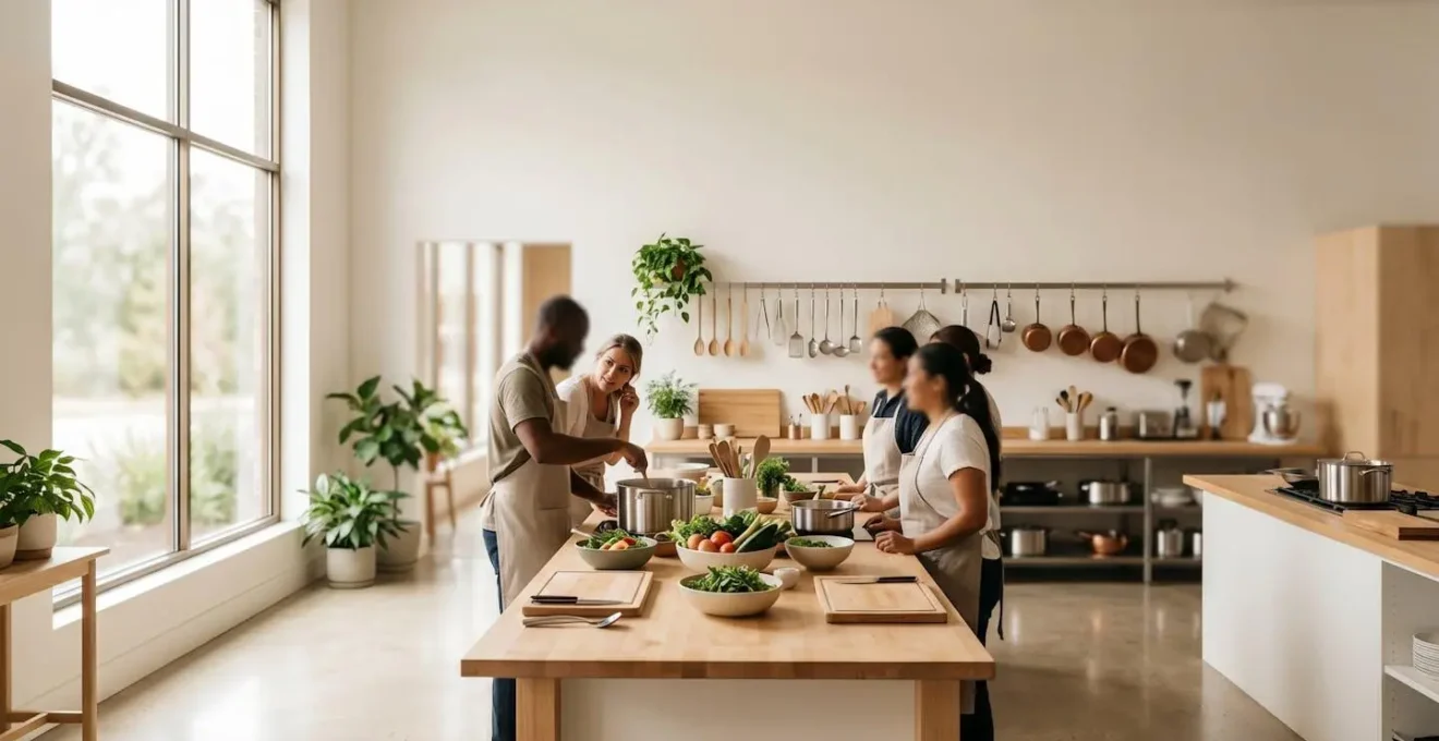 Plan large minimaliste d'un espace de cuisine partagée avec lumière naturelle et ambiance chaleureuse