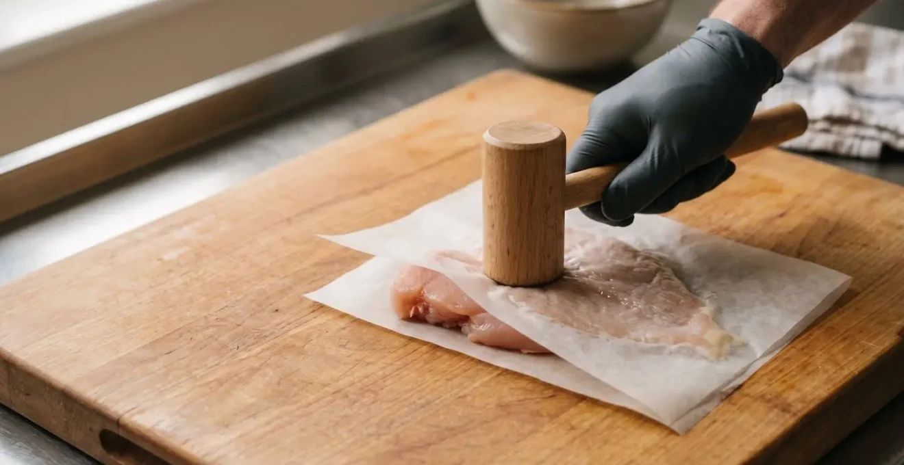 Main gantée aplatissant un blanc de poulet entre deux feuilles de papier cuisson pour obtenir une épaisseur uniforme