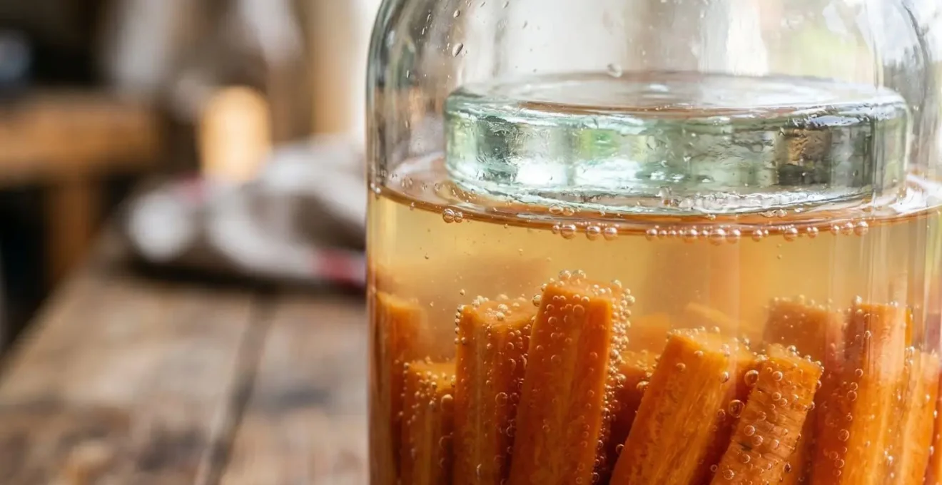 Gros plan sur un bocal de fermentation montrant les légumes parfaitement immergés sous la saumure avec un poids de verre