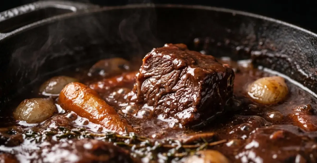 Gros plan sur des morceaux de bœuf bourguignon mijotant dans un faitout en fonte avec sauce onctueuse et légumes