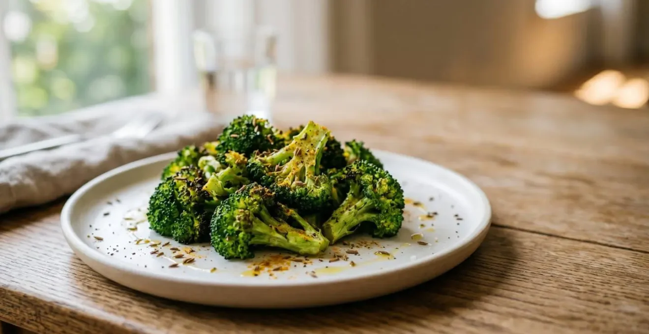 Brocoli fraîchement cuit accompagné d'épices aromatiques sur une assiette minimaliste