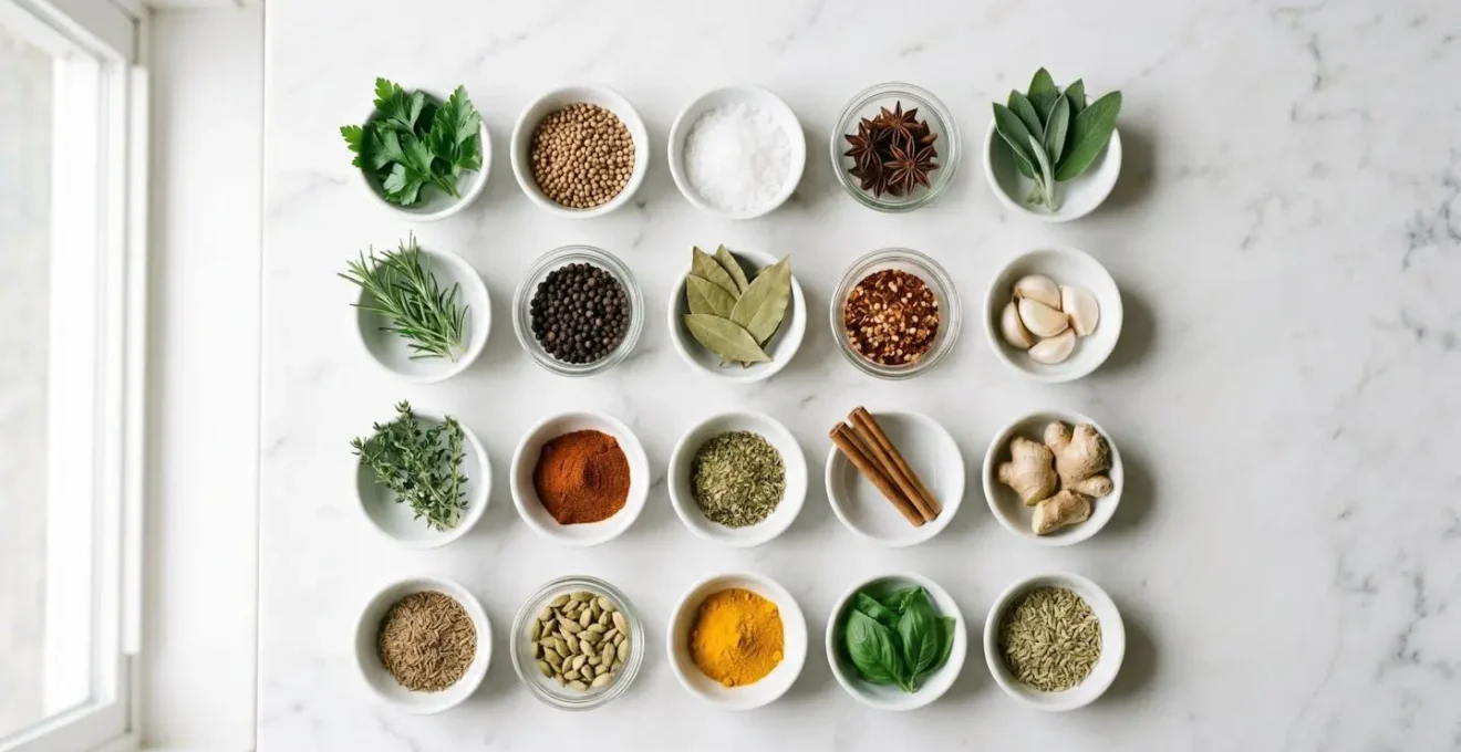 Composition minimaliste d'ingrédients frais et d'herbes aromatiques disposés sur une surface épurée