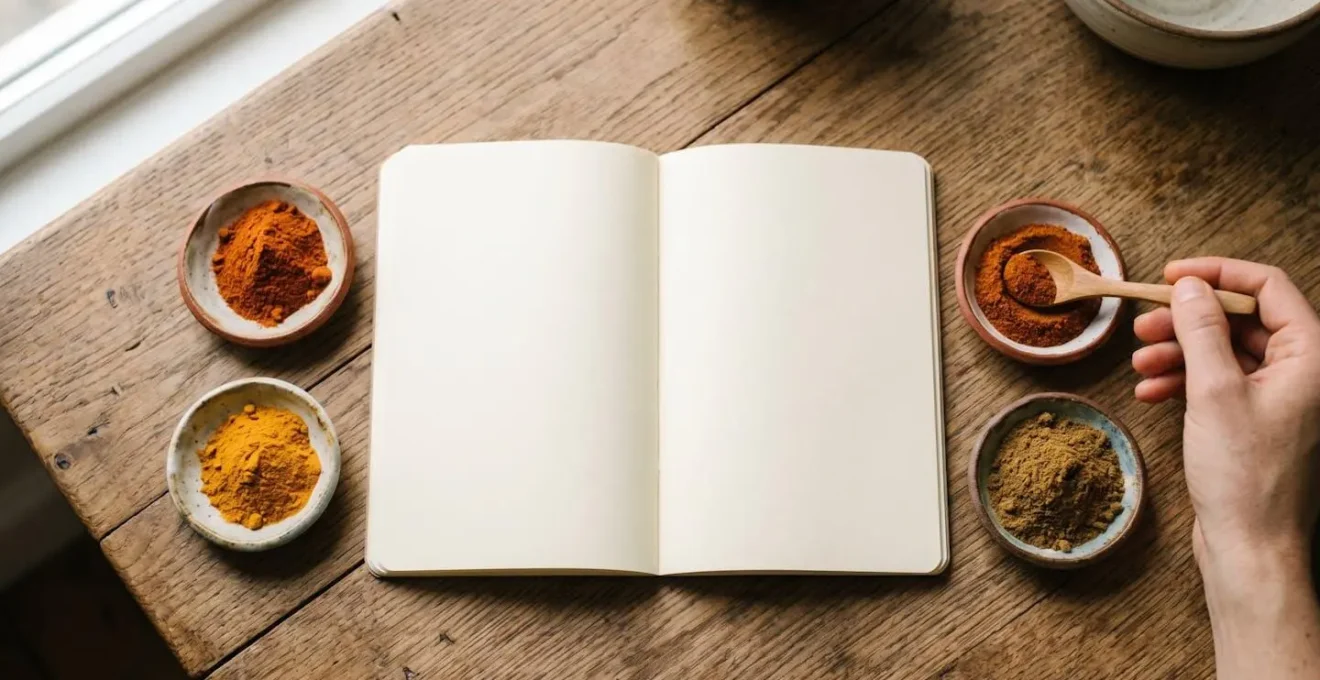 Vue de dessus d'un carnet ouvert avec des annotations de mélanges d'épices entouré de petits échantillons