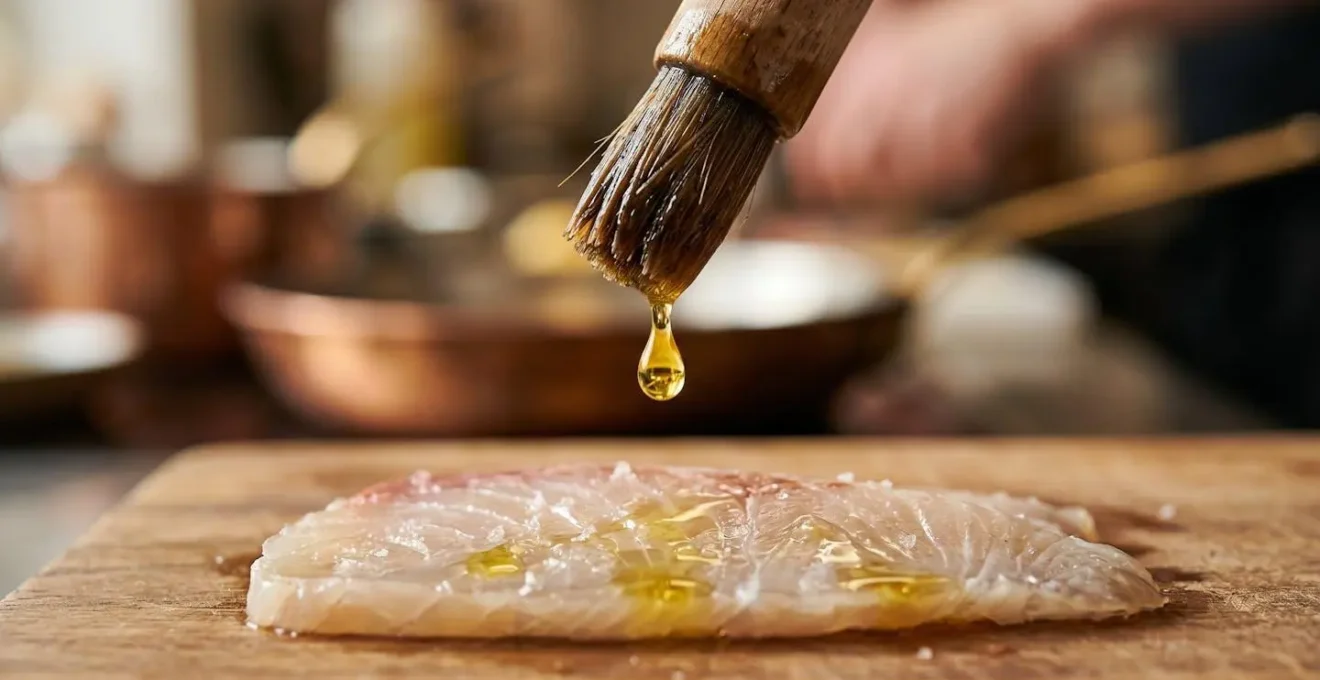 Main appliquant délicatement de l'huile d'olive en fine couche sur carpaccio de poisson cru