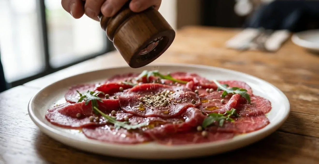 Carpaccio de bœuf finement tranché avec poivre blanc fraîchement moulu créant un équilibre délicat des saveurs