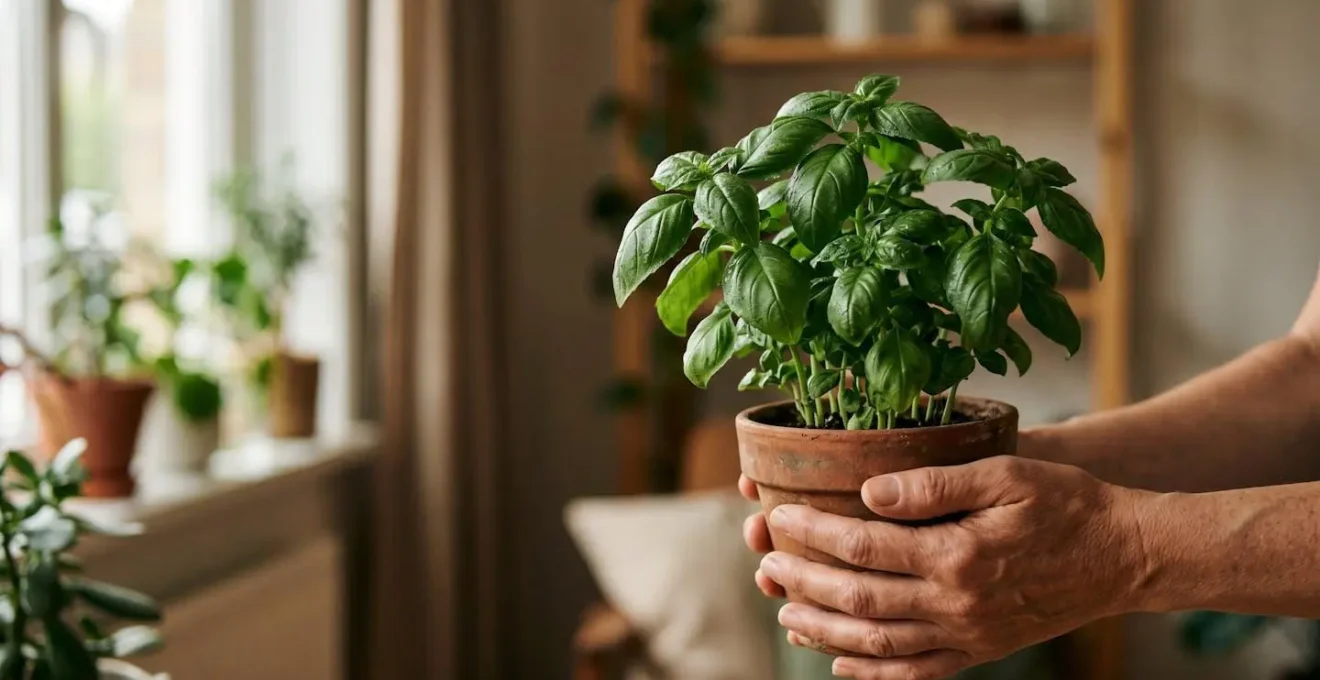 Plant de basilic en transition montrant les étapes d'acclimatation progressive de la serre à l'intérieur