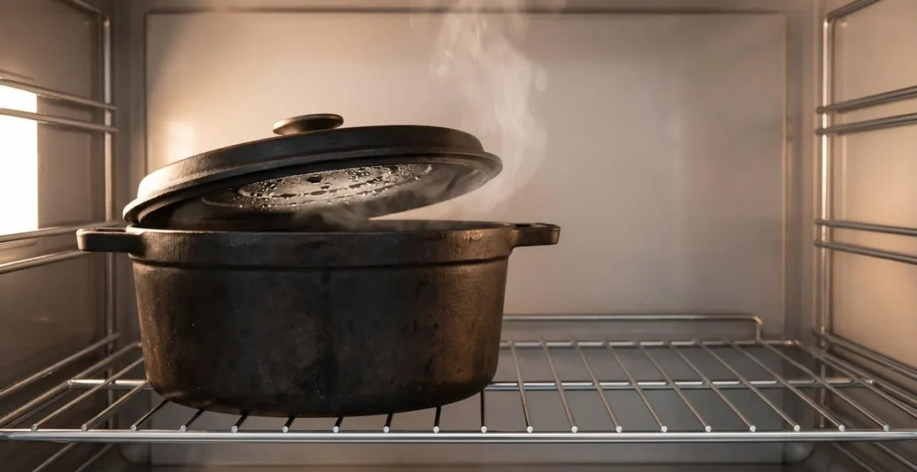 Coupe transversale d'une cocotte en fonte montrant le phénomène d'auto-arrosage par condensation