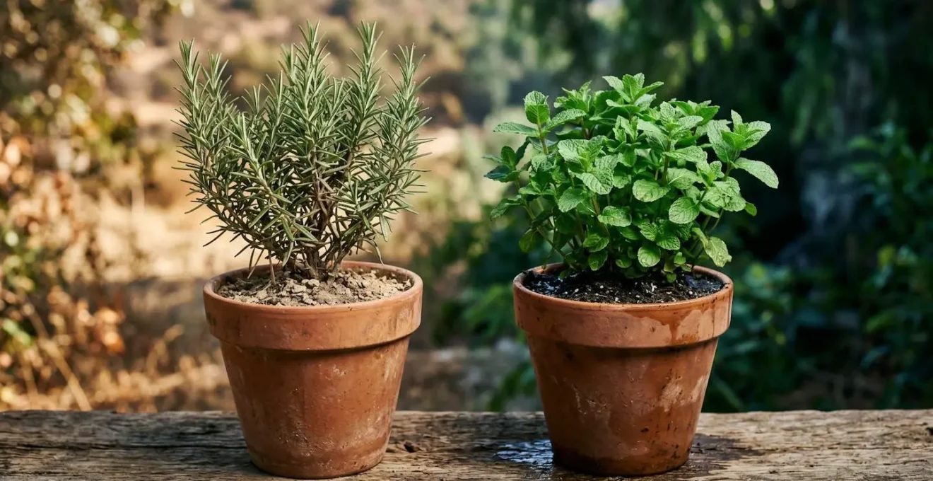 Deux pots de plantes aromatiques côte à côte illustrant les différences de besoins en eau et lumière