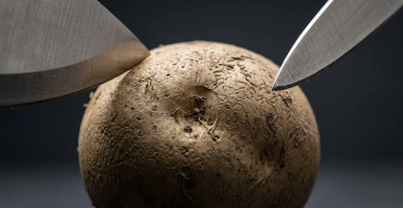 Gros plan macro sur la courbure d'une pomme de terre avec deux couteaux illustrant la différence de maniabilité dans les contours complexes